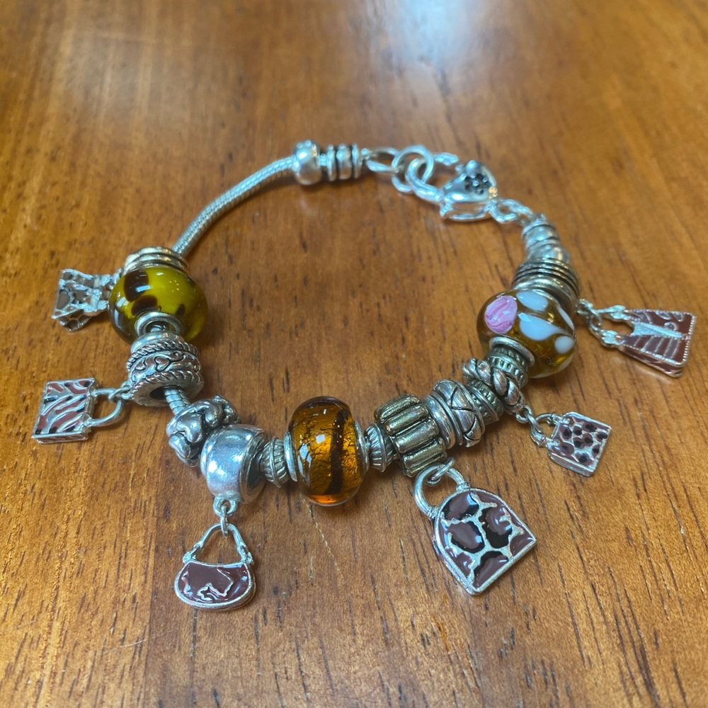 Charm bracelet silver tone purses 7.5 inch